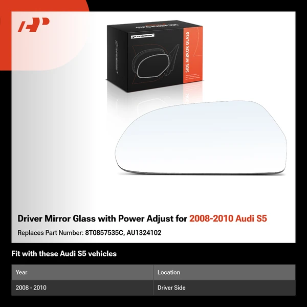 Driver Mirror Glass with Power Adjust for 2008-2010 Audi S5