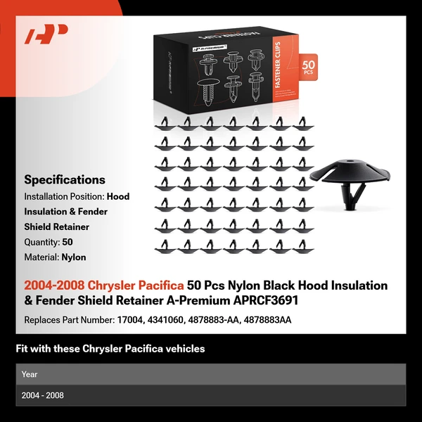 2004-2008 Chrysler Pacifica 50 Pcs Nylon Black Hood Insulation & Fender Shield Retainer A-Premium APRCF3691