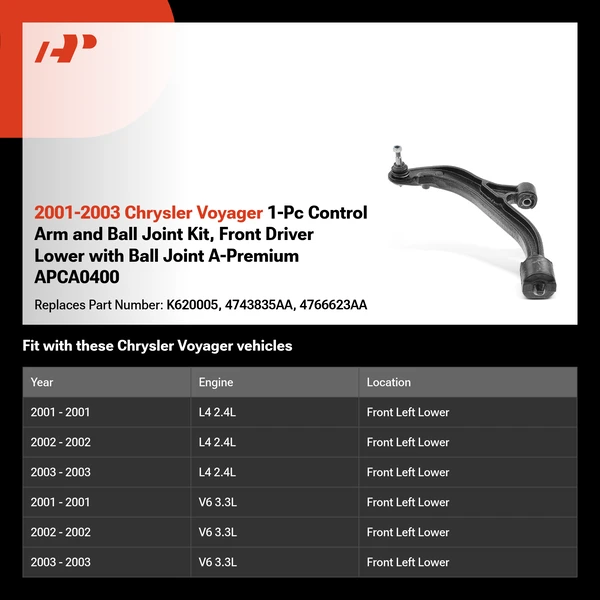 2001-2003 Chrysler Voyager 1-Pc Control Arm and Ball Joint Kit, Front Driver Lower with Ball Joint A-Premium APCA0400