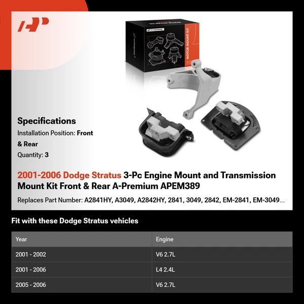 2001-2006 Dodge Stratus 3-Pc Engine Mount and Transmission Mount Kit Front & Rear A-Premium APEM389