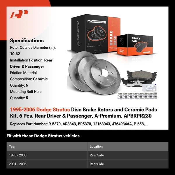 1995-2006 Dodge Stratus Disc Brake Rotors and Ceramic Pads Kit, 6 Pcs, Rear Driver & Passenger, A-Premium, APBRPR230