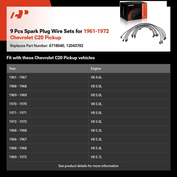 9 Pcs Spark Plug Wire Sets for 1961-1972 Chevrolet C20 Pickup