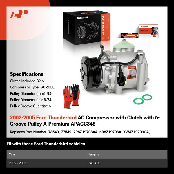 2002-2005 Ford Thunderbird AC Compressor with Clutch with 6-Groove Pulley A-Premium APACC348