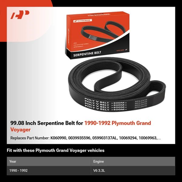 99.08 Inch Serpentine Belt for 1990-1992 Plymouth Grand Voyager