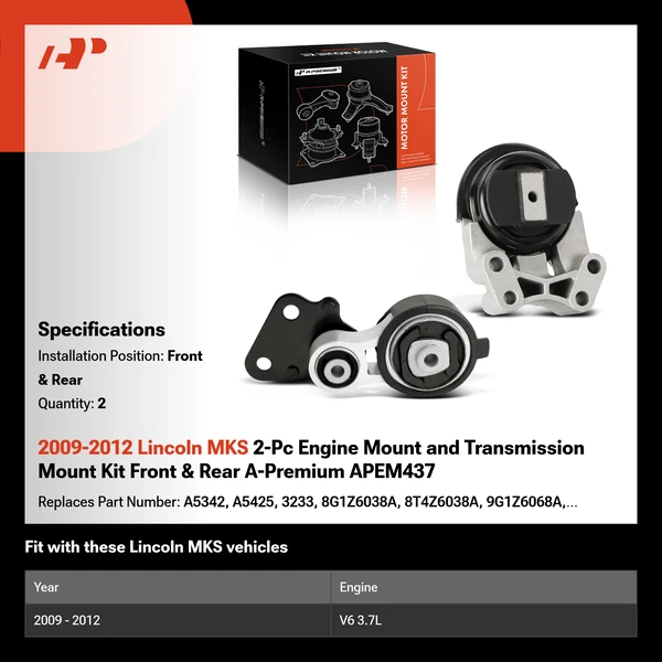 2009-2012 Lincoln MKS 2-Pc Engine Mount and Transmission Mount Kit Front & Rear A-Premium APEM437