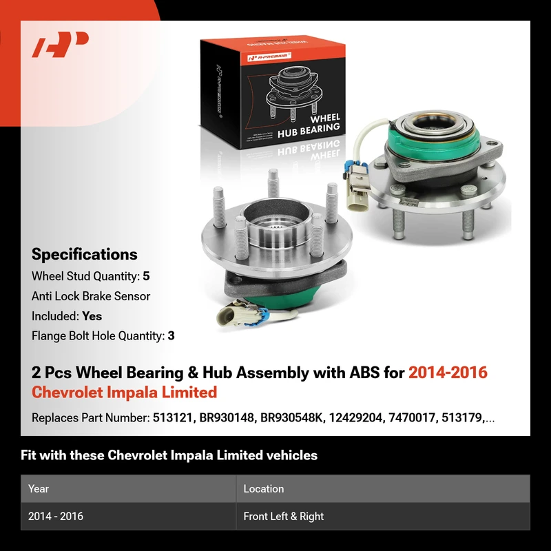 2 Pcs Wheel Bearing & Hub Assembly with ABS for 2014-2016 Chevrolet Impala Limited