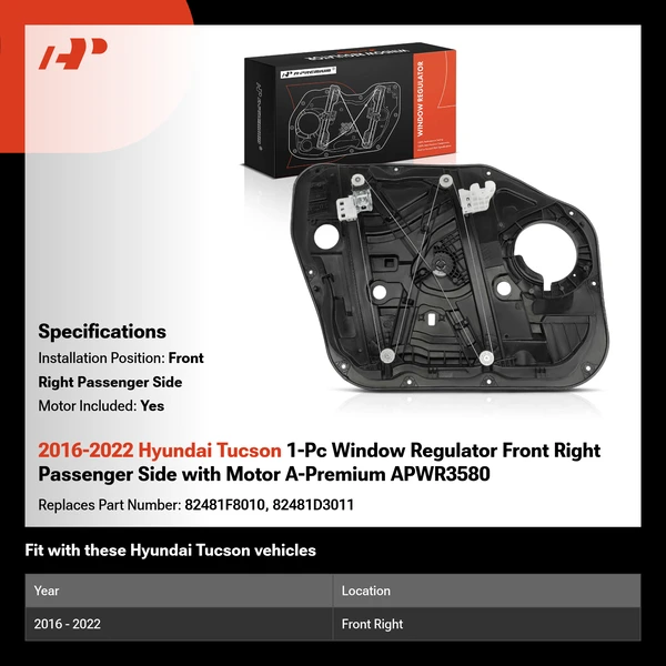 2016-2022 Hyundai Tucson 1-Pc Window Regulator Front Right Passenger Side with Motor A-Premium APWR3580
