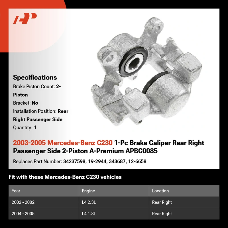 2003-2005 Mercedes-Benz C230 1-Pc Brake Caliper Rear Right Passenger Side 2-Piston A-Premium APBC0085
