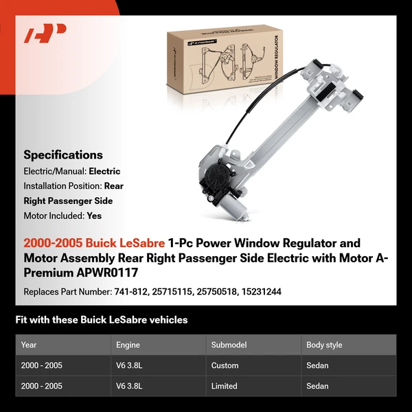 2000-2005 Buick LeSabre 1-Pc Power Window Regulator and Motor Assembly Rear Right Passenger Side Electric with Motor A-Premium APWR0117