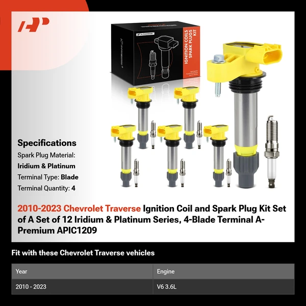 2010-2023 Chevrolet Traverse Ignition Coil and Spark Plug Kit Set of A Set of 12 Iridium & Platinum Series, 4-Blade Terminal A-Premium APIC1209