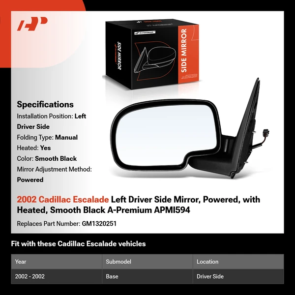 2002 Cadillac Escalade Left Driver Side Mirror, Powered, with Heated, Smooth Black A-Premium APMI594