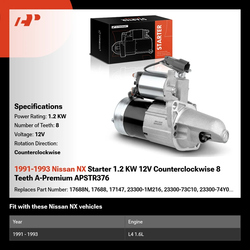 1991-1993 Nissan NX Starter 1.2 KW 12V Counterclockwise 8 Teeth A-Premium APSTR376
