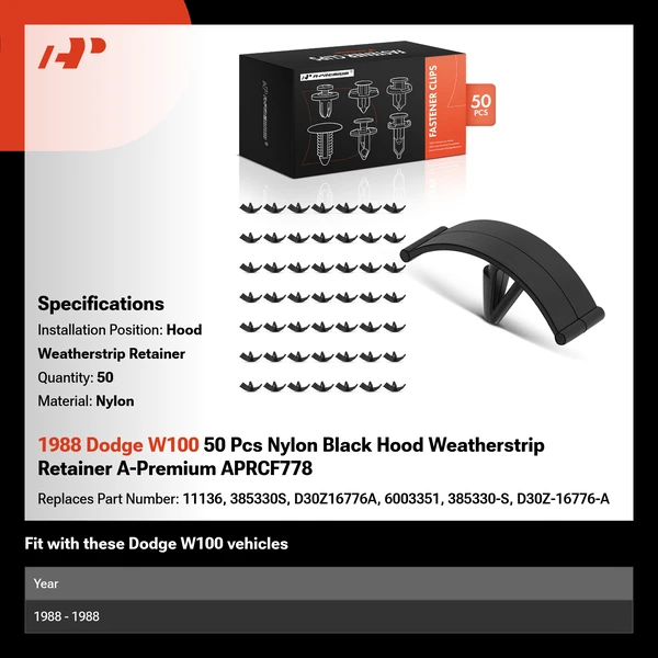1988 Dodge W100 50 Pcs Nylon Black Hood Weatherstrip Retainer A-Premium APRCF778
