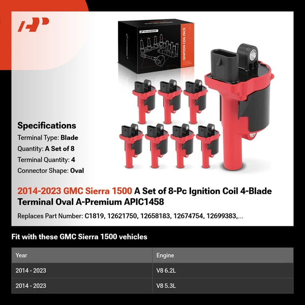 2014-2023 GMC Sierra 1500 A Set of 8-Pc Ignition Coil 4-Blade Terminal Oval A-Premium APIC1458
