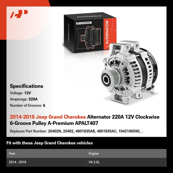 2014-2018 Jeep Grand Cherokee Alternator 220A 12V Clockwise 6-Groove Pulley A-Premium APALT407