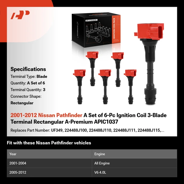 2001-2012 Nissan Pathfinder A Set of 6-Pc Ignition Coil 3-Blade Terminal Rectangular A-Premium APIC1037
