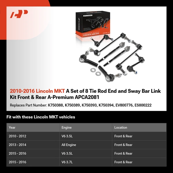 2010-2016 Lincoln MKT A Set of 8 Tie Rod End and Sway Bar Link Kit Front & Rear A-Premium APCA2081