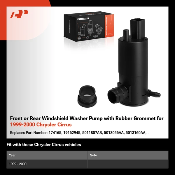 Front or Rear Windshield Washer Pump with Rubber Grommet for 1999-2000 Chrysler Cirrus