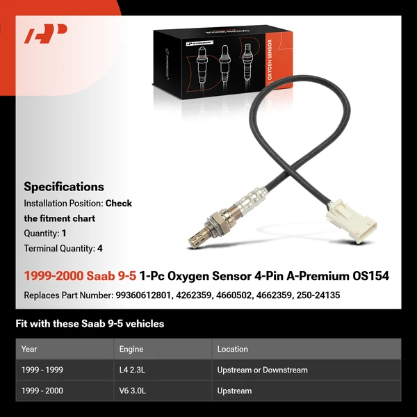 1999-2000 Saab 9-5 1-Pc Oxygen Sensor 4-Pin A-Premium OS154