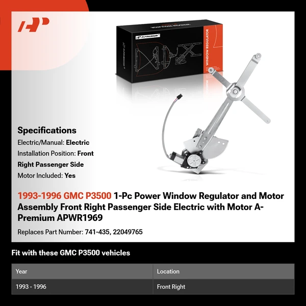 1993-1996 GMC P3500 1-Pc Power Window Regulator and Motor Assembly Front Right Passenger Side Electric with Motor A-Premium APWR1969