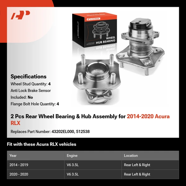 2 Pcs Rear Wheel Bearing & Hub Assembly for 2014-2020 Acura RLX