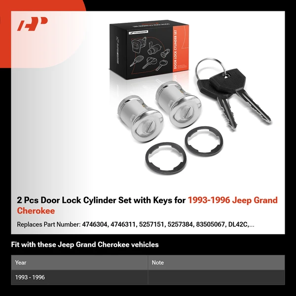 2 Pcs Door Lock Cylinder Set with Keys for 1993-1996 Jeep Grand Cherokee