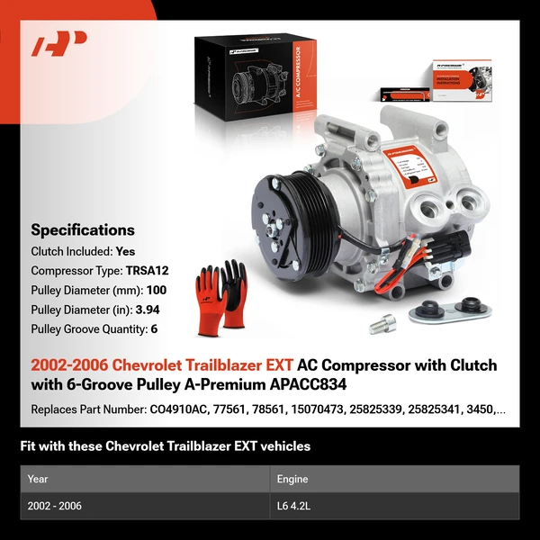 2002-2006 Chevrolet Trailblazer EXT AC Compressor with Clutch with 6-Groove Pulley A-Premium APACC834