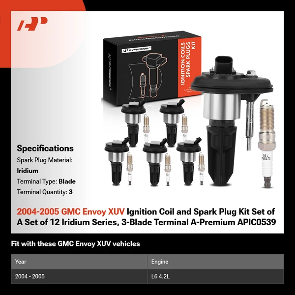 2004-2005 GMC Envoy XUV Ignition Coil and Spark Plug Kit Set of A Set of 12 Iridium Series, 3-Blade Terminal A-Premium APIC0539