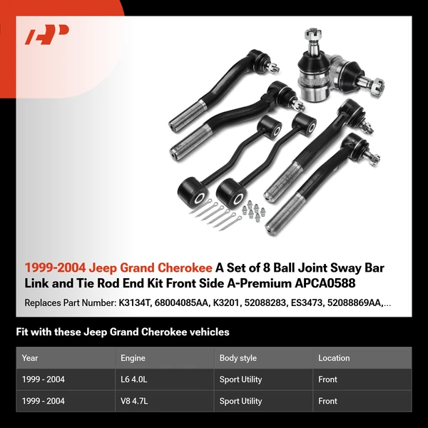 1999-2004 Jeep Grand Cherokee A Set of 8 Ball Joint Sway Bar Link and Tie Rod End Kit Front Side A-Premium APCA0588
