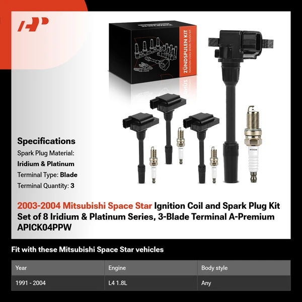 2003-2004 Mitsubishi Space Star Ignition Coil and Spark Plug Kit Set of 8 Iridium & Platinum Series, 3-Blade Terminal A-Premium APICK04PPW