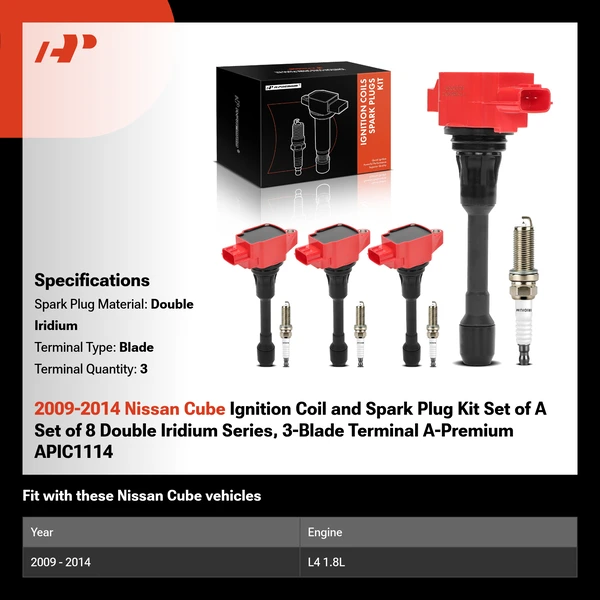 2009-2014 Nissan Cube Ignition Coil and Spark Plug Kit Set of A Set of 8 Double Iridium Series, 3-Blade Terminal A-Premium APIC1114