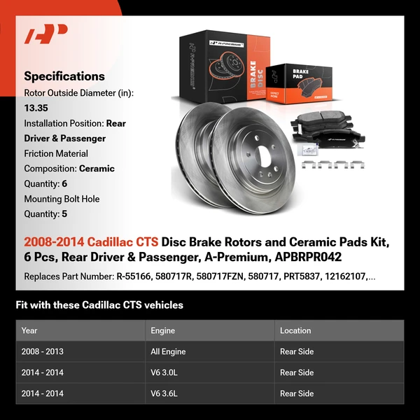 2008-2014 Cadillac CTS Disc Brake Rotors and Ceramic Pads Kit, 6 Pcs, Rear Driver & Passenger, A-Premium, APBRPR042
