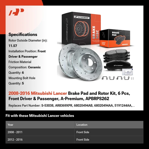2008-2016 Mitsubishi Lancer Brake Pad and Rotor Kit, 6 Pcs, Front Driver & Passenger, A-Premium, APBRPS262