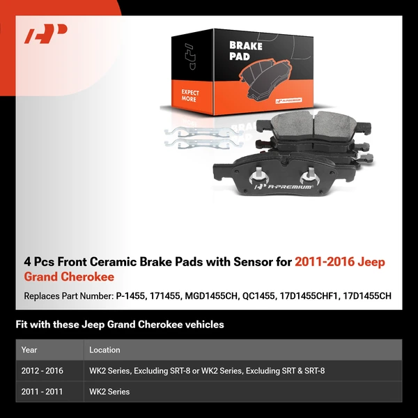 4 Pcs Front Ceramic Brake Pads with Sensor for 2011-2016 Jeep Grand Cherokee