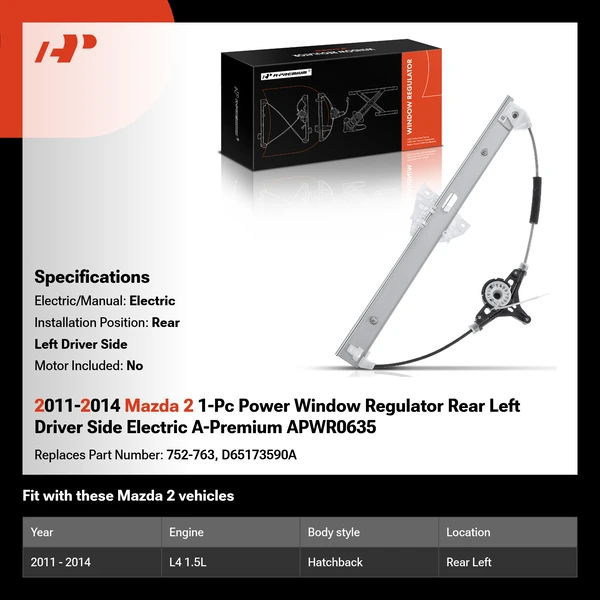 2011-2014 Mazda 2 1-Pc Power Window Regulator Rear Left Driver Side Electric A-Premium APWR0635