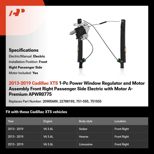 2013-2019 Cadillac XTS 1-Pc Power Window Regulator and Motor Assembly Front Right Passenger Side Electric with Motor A-Premium APWR0775