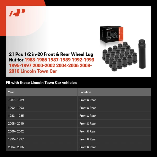 21 Pcs 1/2 in-20 Front & Rear Wheel Lug Nut for 1983-1985 1987-1989 1992-1993 1995-1997 2000-2002 2004-2006 2008-2010 Lincoln Town Car