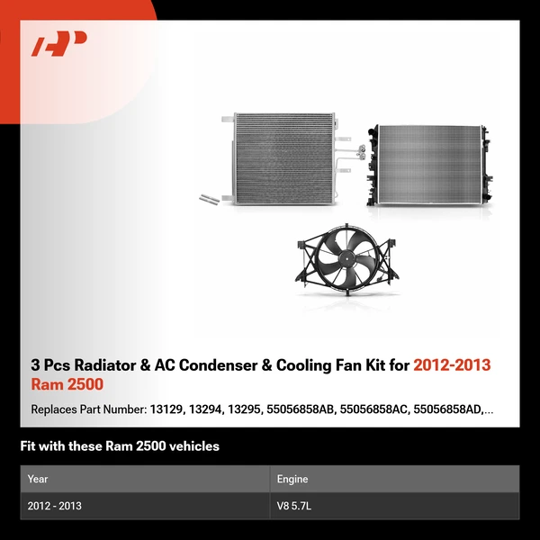 3 Pcs Radiator & AC Condenser & Cooling Fan Kit for 2012-2013 Ram 2500