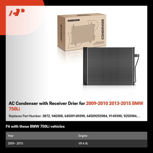 AC Condenser with Receiver Drier for 2009-2010 2013-2015 BMW 750Li