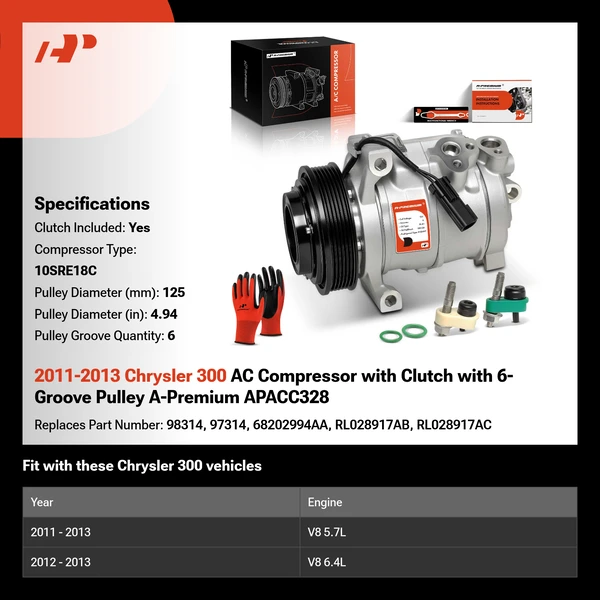 2011-2013 Chrysler 300 AC Compressor with Clutch with 6-Groove Pulley A-Premium APACC328