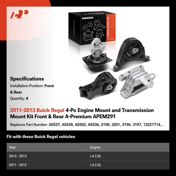 2011-2013 Buick Regal 4-Pc Engine Mount and Transmission Mount Kit Front & Rear A-Premium APEM291