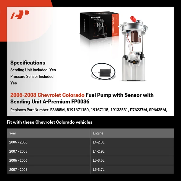 2006-2008 Chevrolet Colorado Fuel Pump with Sensor with Sending Unit A-Premium FP0036