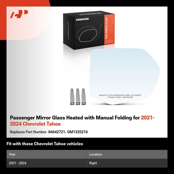 Passenger Mirror Glass Heated with Manual Folding for 2021-2024 Chevrolet Tahoe