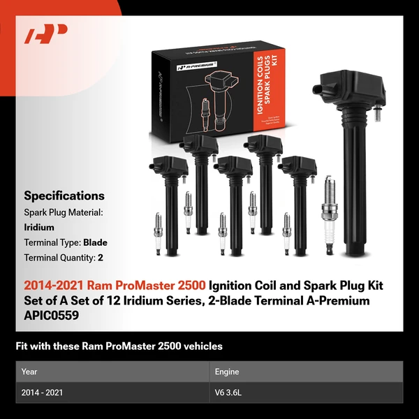 2014-2021 Ram ProMaster 2500 Ignition Coil and Spark Plug Kit Set of A Set of 12 Iridium Series, 2-Blade Terminal A-Premium APIC0559