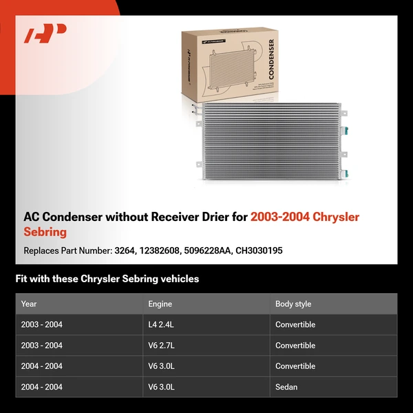 AC Condenser without Receiver Drier for 2003-2004 Chrysler Sebring