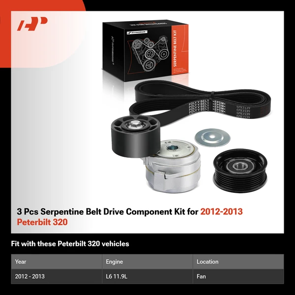 3 Pcs Serpentine Belt Drive Component Kit for 2012-2013 Peterbilt 320