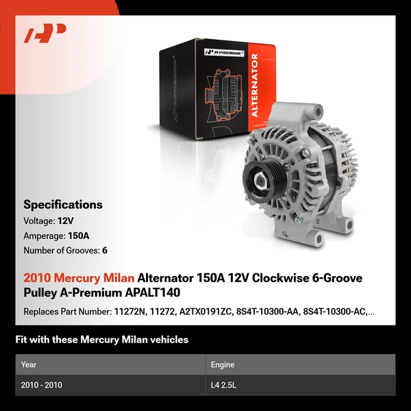 2010 Mercury Milan Alternator 150A 12V Clockwise 6-Groove Pulley A-Premium APALT140