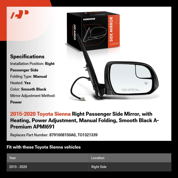 2015-2020 Toyota Sienna Right Passenger Side Mirror, with Heating, Power Adjustment, Manual Folding, Smooth Black A-Premium APMI691