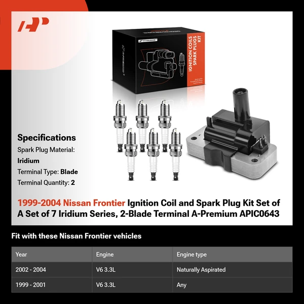1999-2004 Nissan Frontier Ignition Coil and Spark Plug Kit Set of A Set of 7 Iridium Series, 2-Blade Terminal A-Premium APIC0643
