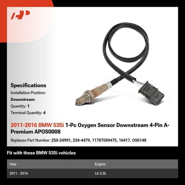 2011-2016 BMW 535i 1-Pc Oxygen Sensor Downstream 4-Pin A-Premium APOS0008